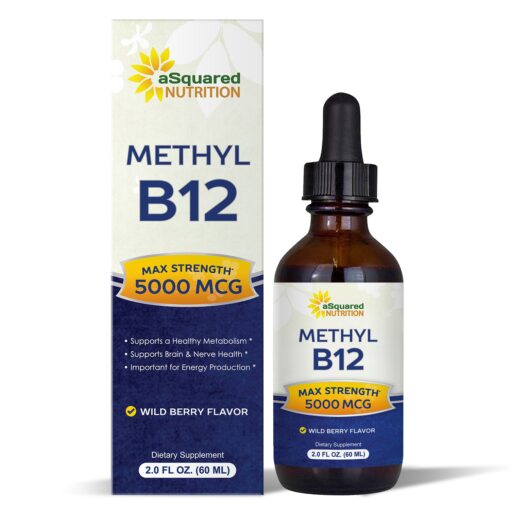 aSquared Nutrition Vitamin B12 Sublingual Liquid Drops - 5000 MCG Supplement with Methylcobalamin (Methyl B-12) - Max Absorption B 12 to Increase Energy - Vegan Friendly - 2 fl oz