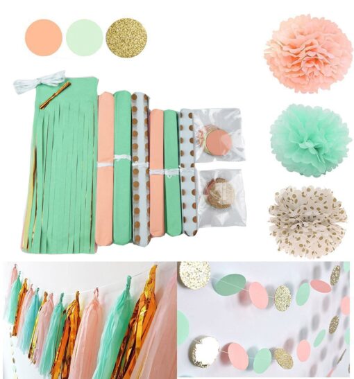 Mint Peach Baby Shower Decorations/Birthday Decorations Qian's Party Mint Peach Glitter Gold Tissue Paper Pom Pom Polka Dot Paper Garland for Wedding Nursery Bridal Shower Decorations