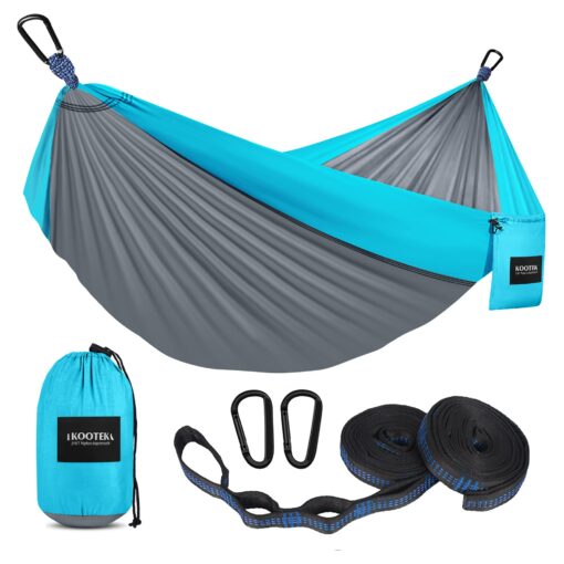 Kootek Camping Hammock Double & Single Portable Hammocks Camping Accessories for Outdoor, Indoor, Backpacking, Travel, Beach, Backyard, Patio, Hiking Grey & Sky Blue Large