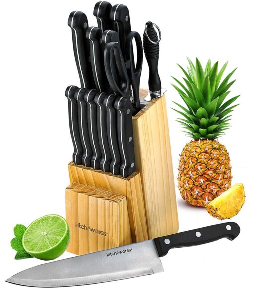 Knife Set With Wooden Block - 15 Piece Set Includes Chef Knife, Bread Knife, Carving Knife, Utility Knife, Paring Knife, Steak Knife, Boning Knife, Scissors And Knife Sharpener. - By Kitch N’ Wares