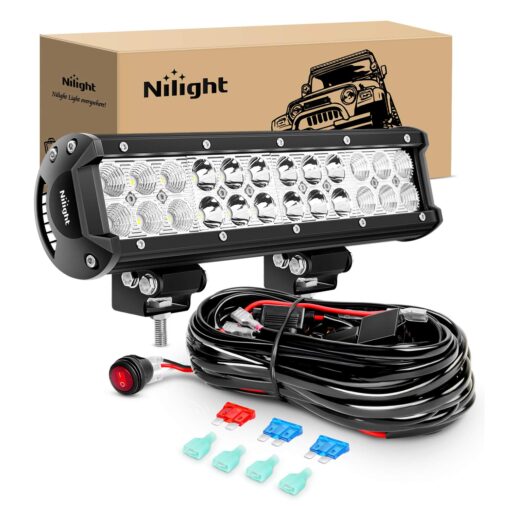 Nilight Led Light Bar 12 Inch 72W Spot Flood Combo Off Road Fog Lights Driving LED Pods With Off Road 16AWG Wiring Harness Kit - 1 Lead for Truck ATV UTV SUV Boat, 2 Years Warranty 72W Light + Wiring harness