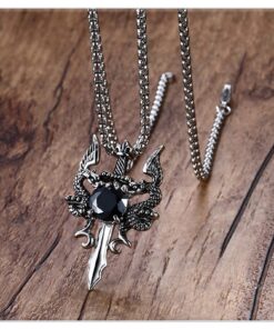 Xusamss Punk Titanium Steel Wing Dragon Crystal Pendant Sword Necklace,24inches Link Chain 316L Steel Dragon Sword 9 7163LL57TlL