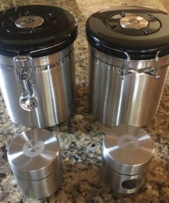 Coffee Gator Stainless Steel Canister - Medium 16oz, Silver Coffee Grounds and Beans Container with Date-Tracker, CO2-Release Valve, and Measuring Scoop - Ideal Coffee Lovers Gifts for Her - 2 Pack Travel Silver 46 716CgCapvML