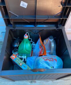 Suncast 22-Gallon Small Deck Box - Lightweight Resin Indoor/Outdoor Storage Container and Seat for Patio Cushions, Gardening Tools and Toys - Store Items on Patio, Garage, Yard - Mocha Wicker Mocha Wicher 50 716OUxUAljL