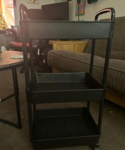 Vtopmart 3 Tier Rolling Cart with Wheels, Detachable Utility Storage Cart with Handle and Lockable Casters, Storage Basket Organizer Shelves, Easy Assemble for Bathroom, Kitchen, Black 33 717TUniGGGL