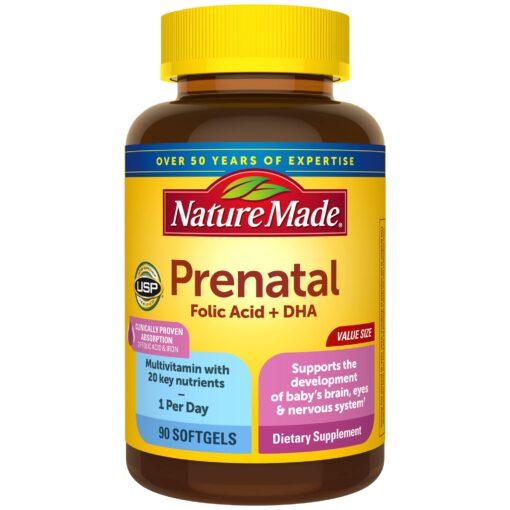 Nature Made Prenatal with Folic Acid + DHA, Prenatal Vitamin and Mineral Supplement for Daily Nutritional Support, 90 Softgels, 90 Day Supply 90 Count (Pack of 1)