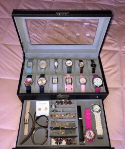 SONGMICS 12-Slot Watch Box, Lockable Watch Case with Glass Lid, 2 Layers, with 1 Drawer for Rings, Bracelets, Gift Idea, Black Synthetic Leather, Gray Lining UJWB012 Black + Gray 12 Slot 40 717iWsEeG4L