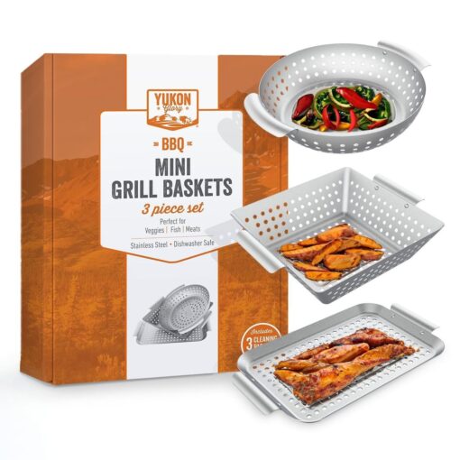 Grill Basket - Yukon Glory™ 3-Piece Mini Grilling Basket Set - Stainless Steel Perforated Grill Baskets for Grilling Veggies Seafood and Meats Includes Grill Pan - Square Basket and Circular Basket