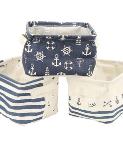 Orino Waterproof Nursery Nautical Fabric Small Storage Baskets Beach Anchor Theme Collapsible Portable Storage Bins with Handle for Cloth, Toys, Books, Sundries, Set of 3 Navy Blue Style 22 717vEyA1f6L
