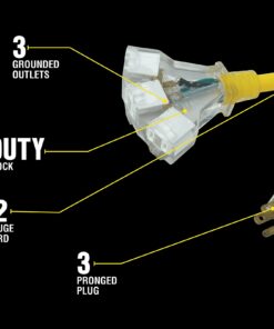 Yellow Jacket 2882 12/3 Heavy Duty 15-Amp, 125 Volts 1875 Watts, Premium SJTW Contractor Grade 3 Outlet Extension Cord with Lighted End, 2-Feet, Yellow, UL Listed, 2 Foot,… 15 717vSkO2HL
