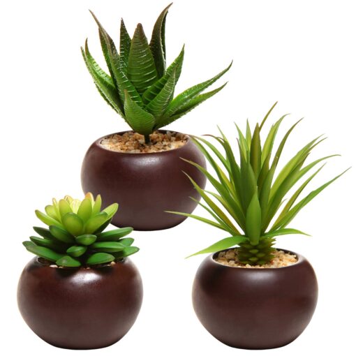 MyGift Miniature Artificial Succulents, Fake Indoor House Plants in Round Brown Ceramic Pots, Set of 3