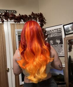 MQ Women Orange Yellow Wigs, Long Curly Wavy Wig for Girls 29.5 Inch Colorful Wigs Cosplay Costume Party Fluffy Wig Synthetic Charming Heat Friendly Ombre Wigs (Yellow to Orange to Red) 46 717wN3pHEL
