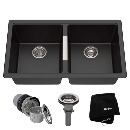 Kraus KGU-434B Undermount 50/50 Double Bowl Granite Kitchen Sink, 32.5-Inch, Black