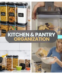 Shazo Airtight Food Storage Container (Set of 6) - BONUS Measuring Cup - Labels & Marker - Durable Plastic - BPA Free - Clear with Improved Lids (Black) - Air Tight Snacks Pantry & Kitchen Canisters Black 27 717y582Aj8L