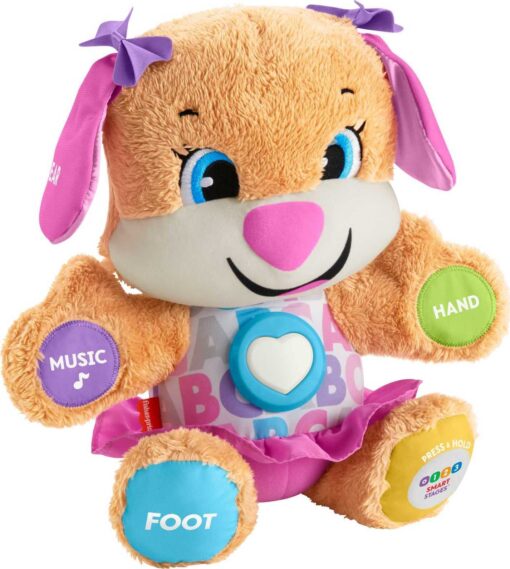 Fisher-Price Laugh & Learn Baby & Toddler Toy Smart Stages Sis With Pink Skirt and Purple Bows, Interactive Plush Dog with Music Lights & Learning Content for Ages 6+ Months Sis - Pink