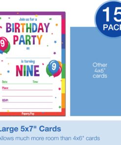 Papery Pop 9th Birthday Party Invitations with Envelopes (15 Count) - 9 Year Old Kids Birthday Invitations for Boys or Girls - Rainbow 10 717yw5PleAL