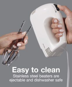 Proctor Silex Easy Mix 5-Speed Electric Hand Mixer with Bowl Rest, Compact and Lightweight, 100 Watts of Peak Power, White 12 7181mWBWAIL