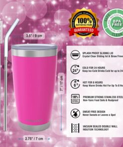 CHILLOUT LIFE 20 oz Stainless Steel Tumbler with Lid - Double Wall Vacuum Insulated Coffee Mug with Splash Proof Lid and Straw for Hot & Cold Drinks, Pink Tumbler 20oz (pack of 1) Hot Pink 13 7182fymnqlS