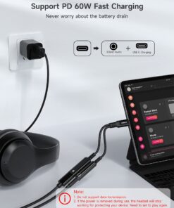 ZOOAUX USB C to 3.5mm Headphone and Charger Adapter,2 in 1 USB C to Aux Audio Jack with PD 60W Fast Charging Dongle Cable Cord for iPhone 15/15 Pro Max,Galaxy S23/S22/S21 Ultra, iPad Pro,Pixel(Black) Black 19 7184yAgxQkL
