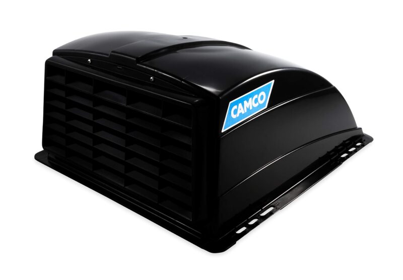 Catalog 4 Camco 21015 Black Standard Roof Vent Cover, Opens for Easy Cleaning, Aerodynamic Design, Easily Mounts to RV with Included Hardware (40443) Standard Packaging