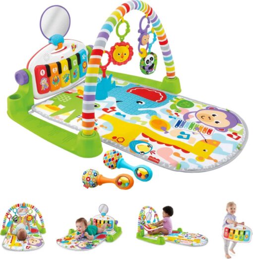 Fisher-Price Baby Playmat Deluxe Kick & Play Piano Gym & Maracas with Smart Stages Learning Content,5 Linkable Toys & 2 Soft Rattles (Amazon Exclusive) Kick N Play Green + Maracas