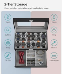 SONGMICS 12-Slot Watch Box, Lockable Watch Case with Glass Lid, 2 Layers, with 1 Drawer for Rings, Bracelets, Gift Idea, Black Synthetic Leather, Gray Lining UJWB012 Black + Gray 12 Slot 26 718S6HoYU1L