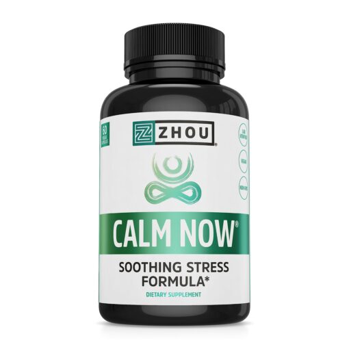 Zhou Calm Now Soothing Support with B Vitamins, Ashwagandha, Magnesium & Zinc, Relax, Focus & Positive Mind, Supports Serotonin Increase, Non-GMO, Vegan, Gluten-Free, 30 Servings - 60 VegCaps