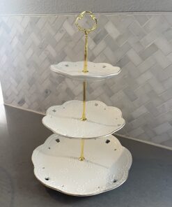 BonNoces 3-Tier Porcelain Embossed Cupcake Stand - Pure White Rimmed with Gold Dessert Cake Stand - Pastry Serving Tray Platter for Tea Party, Wedding and Birthday 37 718ekdYrJwL