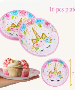 Unicorn Themed Party Supplies Set,Unicorn Cake Plates,Cups,Napkins,Tablecloth,Straws&Decoration,Paper Disposable Tableware Set for Girls Children Birthday Party or First,Baby Shower, Serves 16 Guests 23 718ifKEaI0L