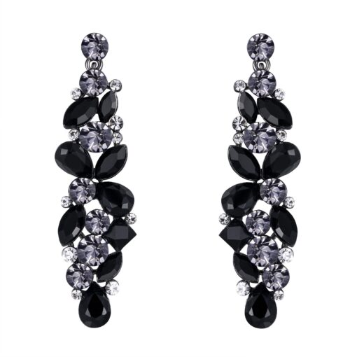 EVER FAITH Bridal Tear Drop Flower Cluster Dangle Earrings Crystal Rhinestone Black Black-Tone