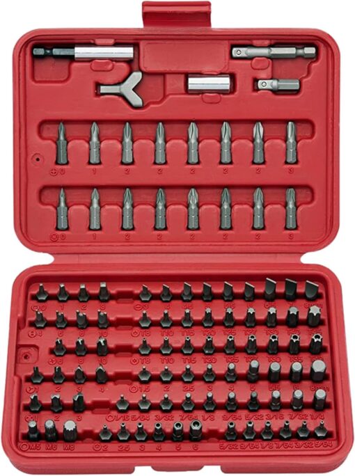 NEIKO 10048A Security Bit Set 100-Piece Set Cr-V Steel 1/4-inch Adapters Phillips Slotted Hex Torx Star Tamperproof Pozi Square Spanner Torque Tri-Wing Clutch Spline Screwdriver Bit 100 Piece