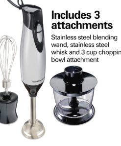 Hamilton Beach 4-in-1 Electric Immersion Hand Blender with Handheld Blending Stick, Whisk + 3-Cup Food & Vegetable Chopper Bowl, 2-Speeds, 225 Watts, Silver and Stainless Steel (59765) 32 718xitLGomL