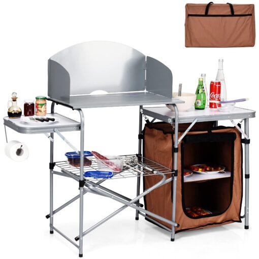 Giantex Folding Grill Table with 26'' Tabletop and Detachable Windscreen, Aluminum Portable Camp Cook Station Carry Bag Quick Set-up, BBQ Camping Picnic Backyard Outdoor Camping Kitchen Table (Brown) Brown