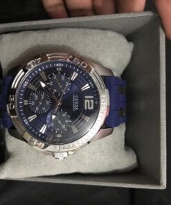 GUESS Stainless Steel Stain Resistant Silicone Watch with Day, Date + 24 Hour Military/Int'l Time Blue/Blue/Silver Tone 40 719 GyohZPL