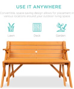 Best Choice Products 2-in-1 Transforming Interchangeable Outdoor Wooden Picnic Table Garden Bench for Backyard, Porch, Patio, Deck w/Umbrella Hole - Natural 31 719 U0KquL