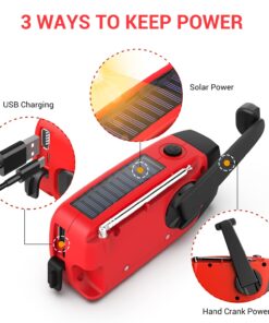 Esky Emergency Hand Crank Radio with 3 LED Flashlight, AM/FM/NOAA Portable Weather Radio with 2000mAh Power Bank Phone Charger, Solar Powered USB Charged Radio for Indoor Outdoor Camping, SOS Alarm Red 33 71906QmkJYL