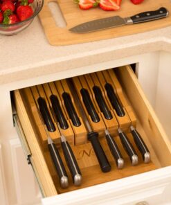 In-Drawer Bamboo Knife Block Holds 12 Knives (Not Included) Without Pointing Up PLUS a Slot for your Knife Sharpener! Noble home & chef Knife Organizer Made from Quality Moso Bamboo 12 Holder 31 7191BtV8rAL