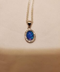 T400 Sterling Silver Necklace Blue White Created Opal Round Pendant Jewelry Gift for Women 20 7192of5nZSL