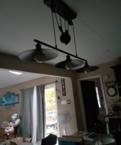 WINSOON 3 Light Industrial Pendant Light, Pulley Pool Table Light Fixture Billiard Light, Retro Steampunk Hanging Lamp, Adjustable Vintage Kitchen Island 3-Head Lights, Matte Black Painted 3 Pack 40 71983RaFNFL