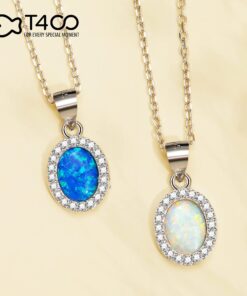 T400 Sterling Silver Necklace Blue White Created Opal Round Pendant Jewelry Gift for Women 14 719G4HFwTCS