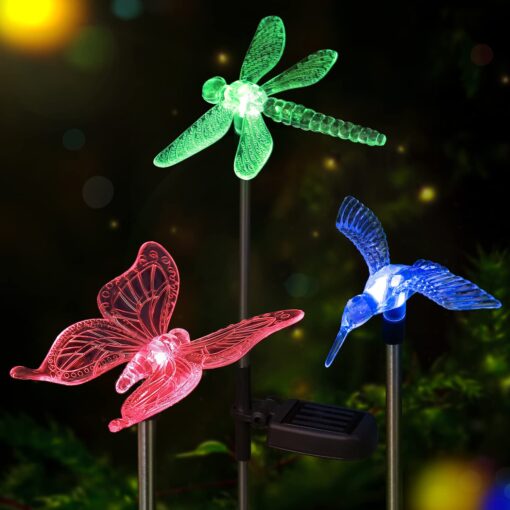 Solar Garden Lights - 3 Pack Solar Stake Light, Color Changing Solar Powered Decorative Landscape Lighting Hummingbird Butterfly Dragonfly for Outdoor Path, Yard, Lawn, Lawn, Halloween, Christmas