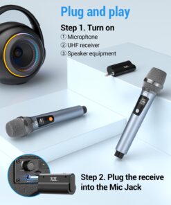 XZL Professional Wireless Microphones for Karaoke Singing, Rechargeable Dual UHF Dynamic Microphone, with Long-Distance UHF Receiver, Plug and Play, Speech, Wedding, Church, PA System Navy 22 719NWeXzCrL