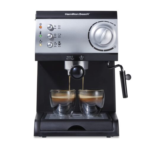 Hamilton Beach 15 Bar Espresso Machine, Cappuccino, Mocha, & Latte Maker, with Milk Frother, Make 2 Cups Simultaneously, Works with Pods or Ground Coffee, 50 oz. Water Reservoir, Black