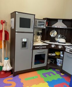 Amazon Basics Kids Corner Wooden Kitchen Toy Playset with Stove, Oven, Sink, Fridge and Accessories, for Toddlers, Preschoolers, Children Age 3+ Years, Espresso/Gray, 39.37"L x 28.35"W x 35.04"H Corner Kitchen 36 719QDr8782L