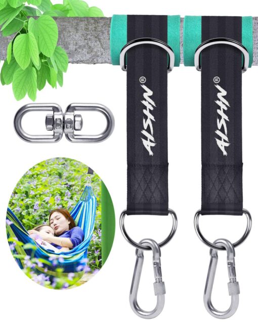 AISHN Tree Swing Straps Hanging Kit, Adjustable Hammock Straps(Set of 2), 2200Lbs Break Strength. 5ft Long with Tree Protector Sleeves, Swivel Strong Stainless Hook, Rustproof Screw Lock Carabiners Black 5ft