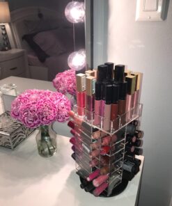 Ikee Design Premium Acrylic Rotating 64 Cosmetic Lipstick Organizer Tower,Lipgloss Stand with Removable Dividers, 360 Degree Spinning Lipstick Display Tower,4 1/2 W x 4 1/2 D x 9 1/8 H in Clear 44 719UsW5 XqL