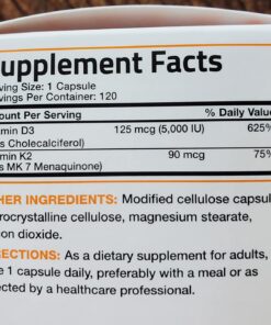 Bronson Vitamin K2 (MK7) with D3 Supplement Non-GMO Formula 5000 IU Vitamin D3 & 90 mcg Vitamin K2 MK-7 Easy to Swallow Vitamin D & K Complex, 120 Capsules 120 Count (Pack of 1) 42 719VsZfAmL 2