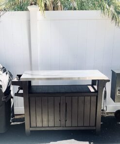 Keter Unity XL Outdoor Kitchen Island Rolling Cart Bar Table & Storage Cabinet, Grill Station with Utensil Hooks for Grilling Accessories, Brown Table and Cabinet 49 719Wc6CHmL