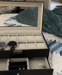 SONGMICS 12-Slot Watch Box, Lockable Watch Case with Glass Lid, 2 Layers, with 1 Drawer for Rings, Bracelets, Gift Idea, Black Synthetic Leather, Gray Lining UJWB012 Black + Gray 12 Slot 33 719bWxRbx5L