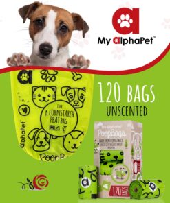 My AlphaPet Compostable Dog Poop Bags, Cornstarch Eco-Friendly, Highest EN1342 Certified, 120 Count, Large Size Bag 9x13 Inches, 8 Unscented Refill Rolls, Leak-proof, Plantbased, GM-Free Corn Unscented Green 17 719dYXqVMaL